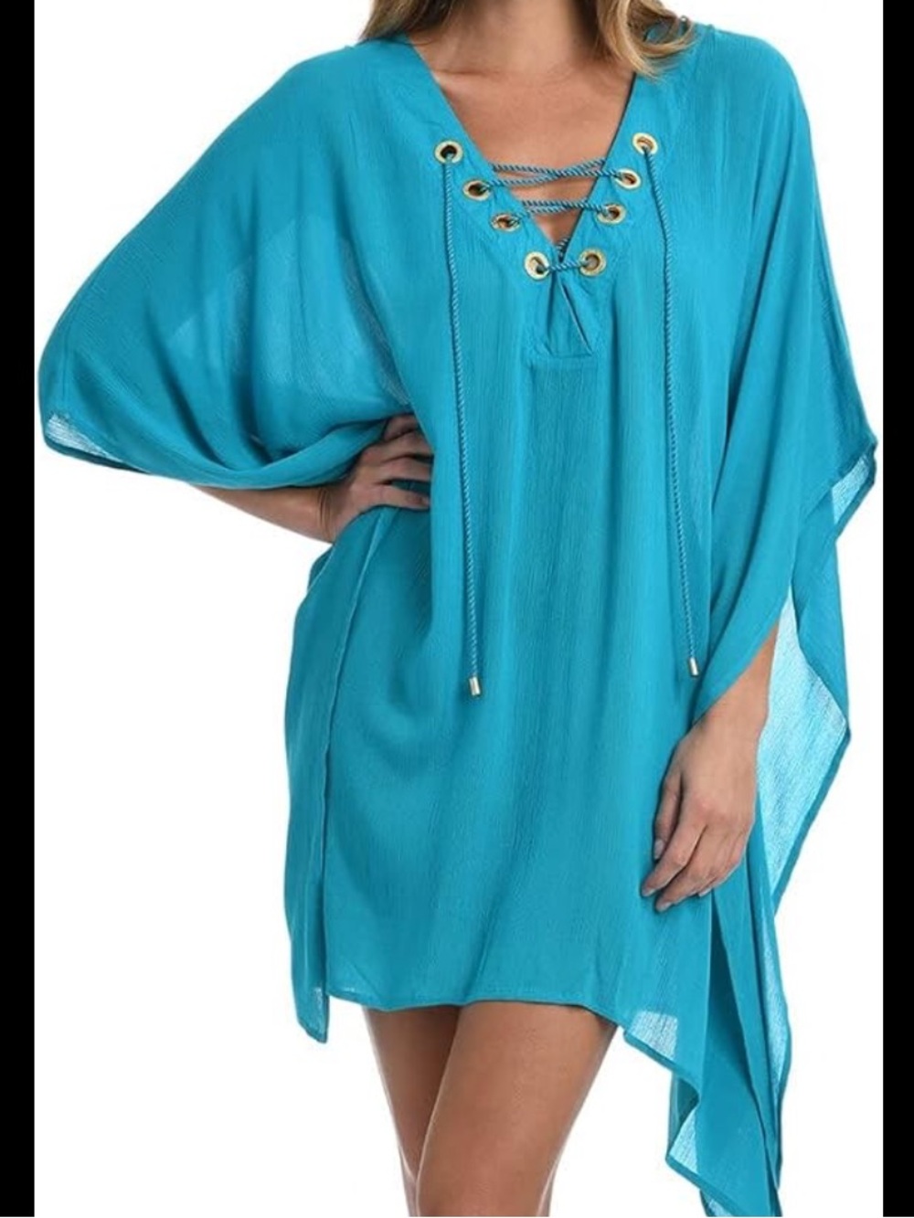 La Blanca Cover up M Turquoise Textured fabric Gold logo grommets Above knee EUC